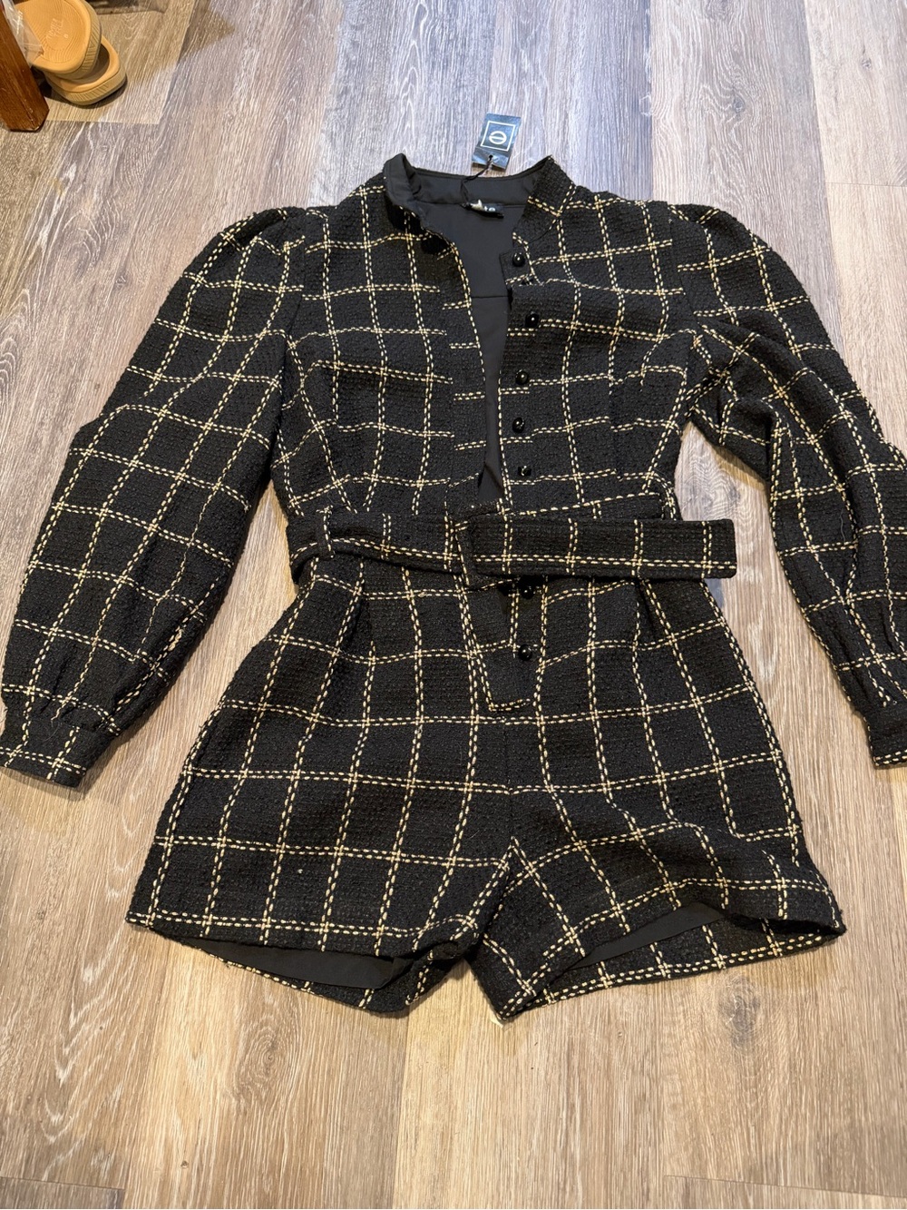 Fate Black Windowpane Tweed Belted Romper with Gold Stitching
